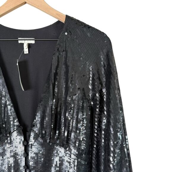 NWT Joie‎ Black Sequin Kyria Midi Dress Long Sleeves Button Front V-Neck, Size 4 - Picture 6 of 16